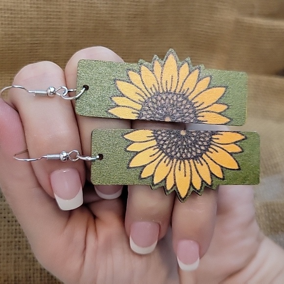 Sunflower Split Image Wood Drop Earrings - Picture 7 of 7